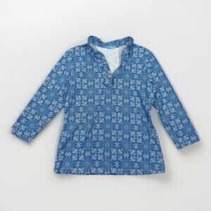 J. McLaughlin Durham Ruffle Top Blue Geometric Print Catalina Cloth Size M